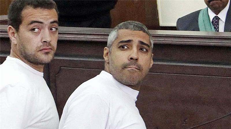Baher Mohamed and Mohamed Fahmy at an earlier court hearing