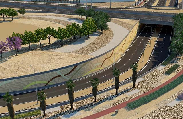 Rendering of new Al Messila underpass with Al Rayyan Road running above Jassim bin Hamad St 