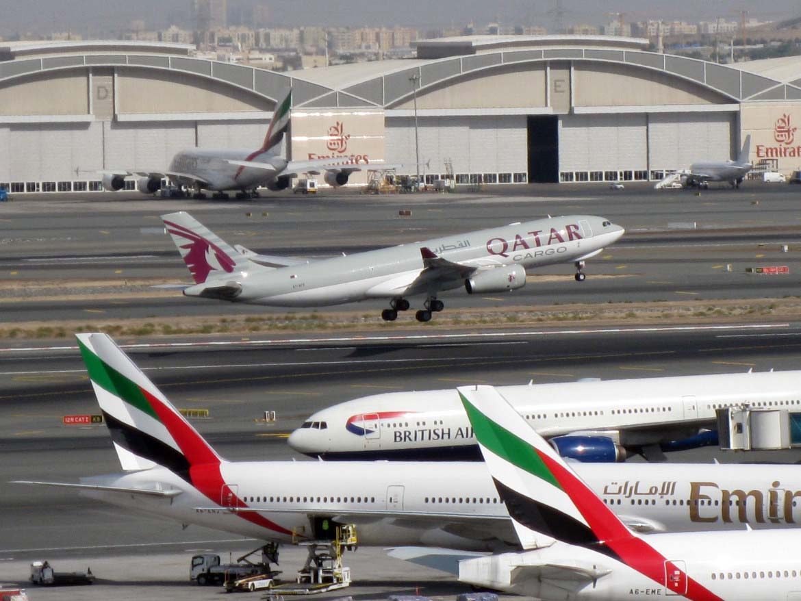 A Qatar Airways A330 takes off from Dubai
