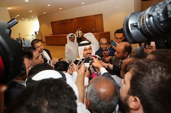 Al Sada addressing reporters at GCC Ministers' meeting