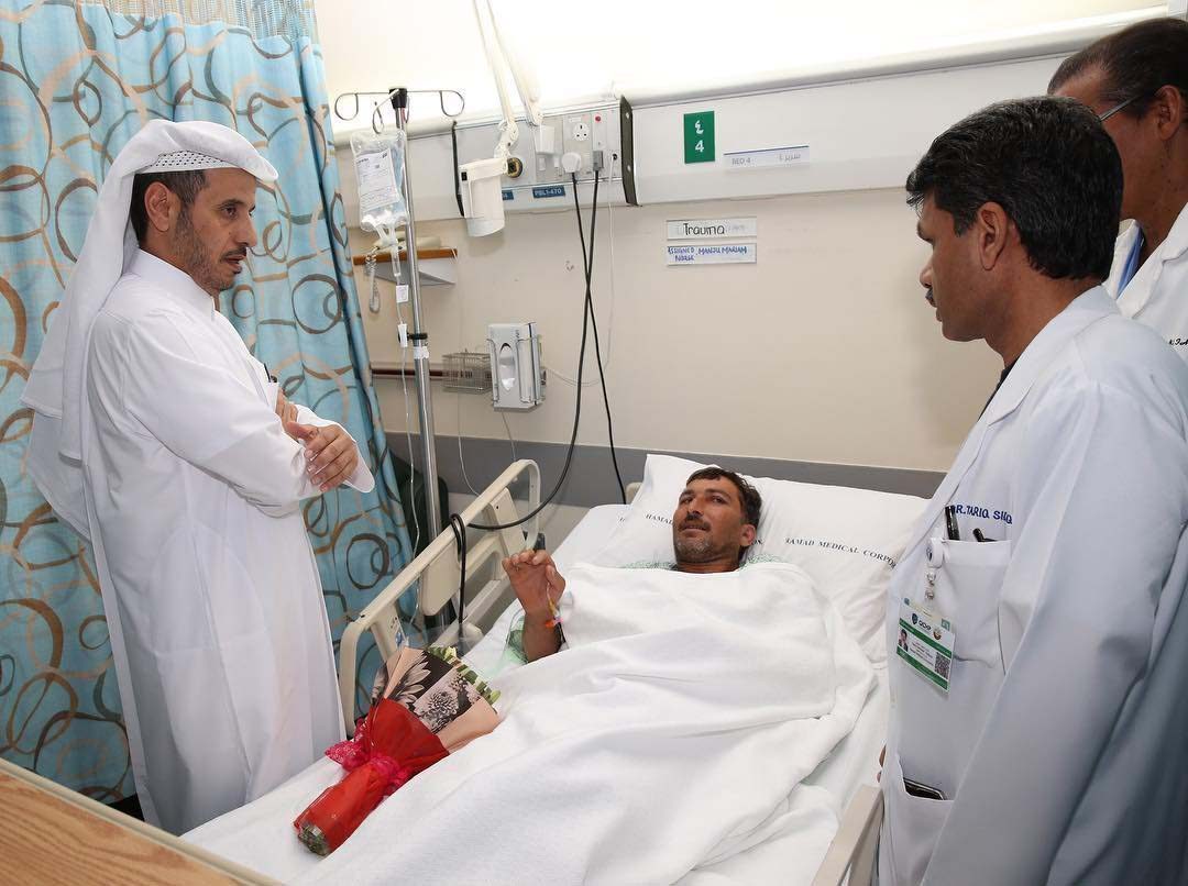 The Prime Minister visits fire victims at Hamad Hospital.