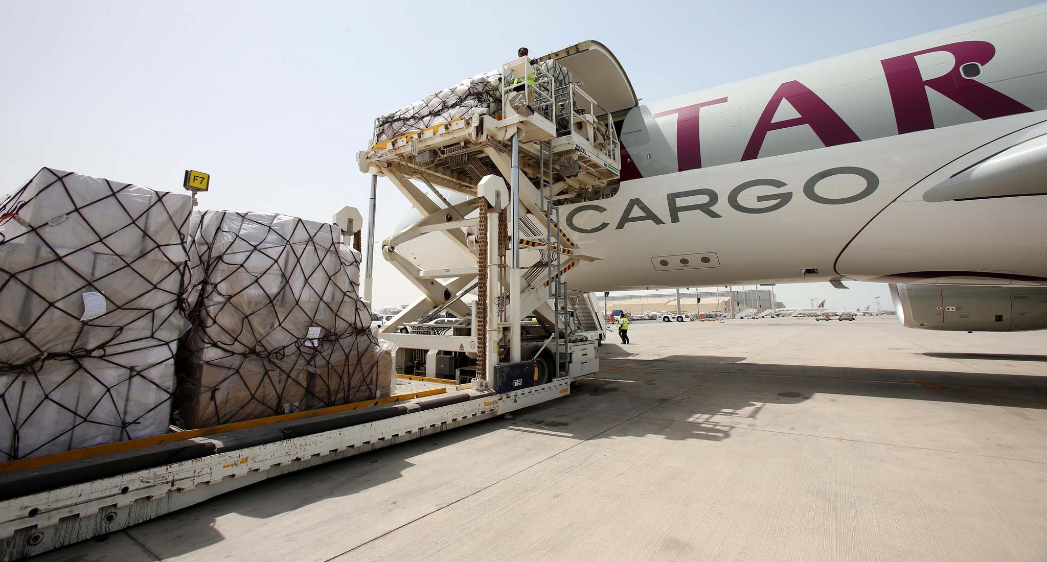 Cargo being loaded onto a Qatar Airways freighter 