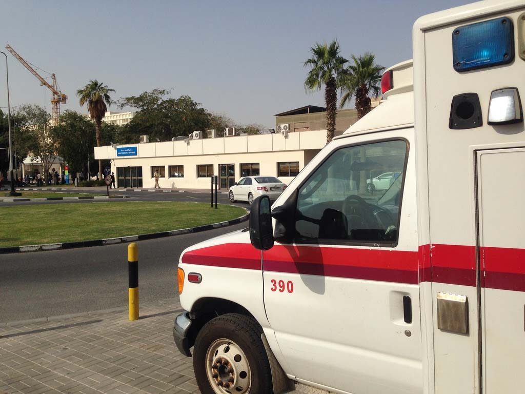 An ambulance parked outside Hamad Hospital in Doha