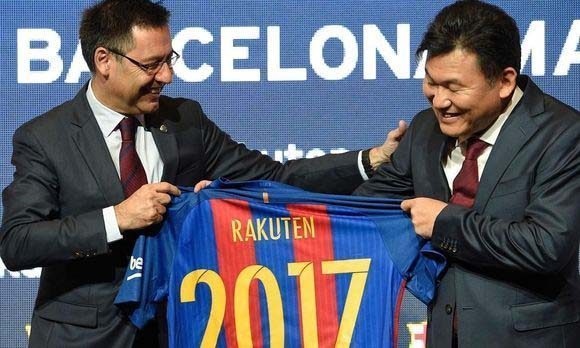 Barcelona's president Josep Maria Bartomeu and CEO of Rakuten Hiroshi Mikitani.